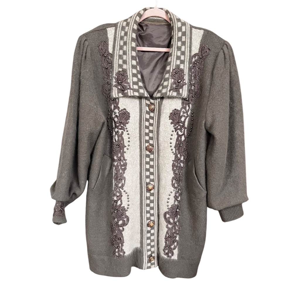 Vintage 80s Grey & White Appliquéd Embellished Angora Blend Sweater Coat